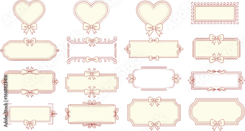 Decorative label set vector illustration with ornate borders, bows, flourishes, heart and rectangle shapes in cream and red for crafts and packaging