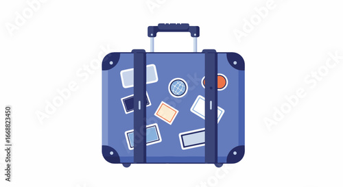 A blue suitcase adorned with travel stickers, ready for an adventure. The luggage is packed with travel essentials, inviting to embark on an exciting trip