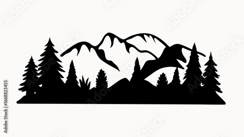 Silhouette of a mountain range with evergreen trees and foliage in a monochrome landscape view