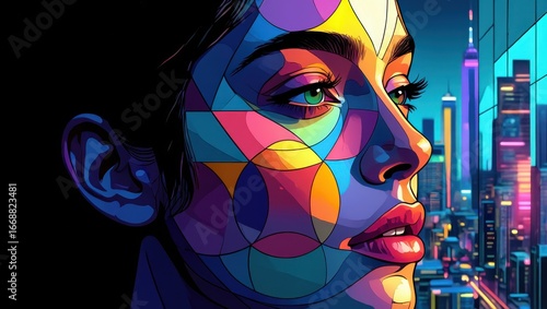 A fractured woman glows within a prism of triangles and circles, her face illuminated by neon reflections of a futuristic city Generative AI