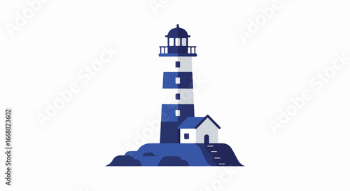 A coastal beacon of hope, the lighthouse stands tall against the backdrop of a vast sea. The detailed illustration of the architecture, with its contrasting white and blue stripes.