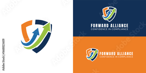 A professional logo featuring a shield icon. Two arrows curve upwards inside the shield, symbolizing growth and protection for a franchise compliance support company.