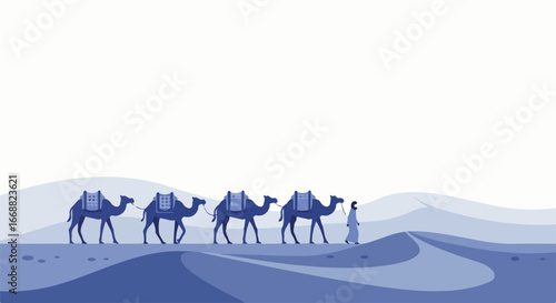 A caravan of camels traversing a desert landscape, guided by a solitary figure. The illustration captures the essence of travel and exploration, evoking a sense of journey and adventure