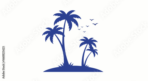 Silhouette of palm trees on a small island with birds flying in the sky, capturing the essence of a tropical paradise