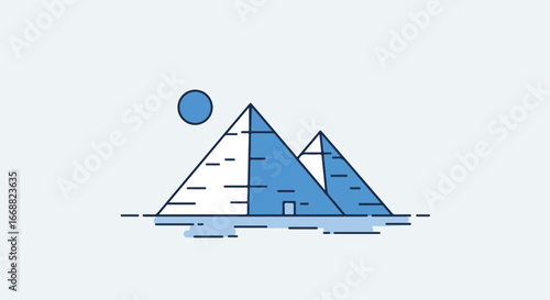Simple illustration of the pyramids with a blue hue against a soft background. A minimalist representation of an ancient wonder