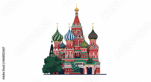 A detailed illustration of a colorful cathedral with a unique design. The building stands tall with its intricate architecture, a true masterpiece.