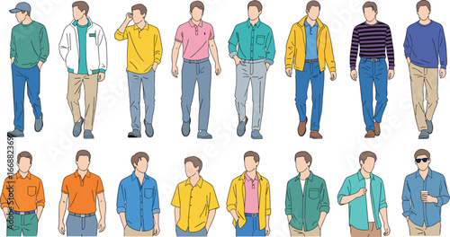 Men’s casual outfit illustration set, male fashion clothing styles, everyday wear vector, modern apparel design, stylish wardrobe combinations for fashion guide