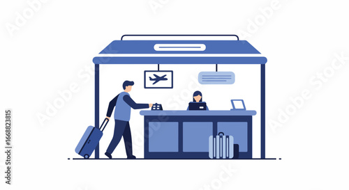 A traveler checking into a flight at the airport, with luggage in tow
