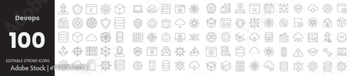DevOps icon set. Containing CI/CD pipeline, Kubernetes, Docker, cloud deployment, automation scripts, monitoring tools, version control, and more. Editable line icons. Vector illustration