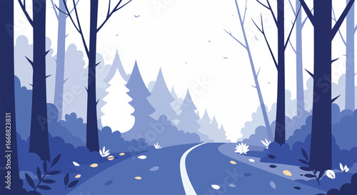 A winding road through a tranquil forest, leading towards a destination