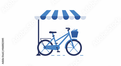 A charming illustration of a bicycle shop, featuring a blue bicycle beneath a striped awning. The design is minimalist and inviting, with a focus on clean lines and a cheerful color palette