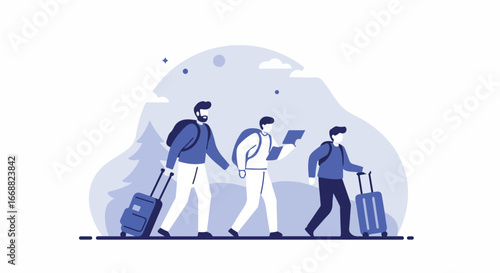 Three travelers embarking on their journey, each carrying luggage and anticipating their adventure ahead. The illustration depicts people walking with suitcases.