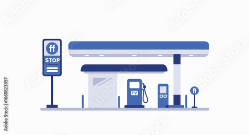 A gas station featuring fuel pumps, a canopy, and associated signage, offering essential services to vehicles and travelers