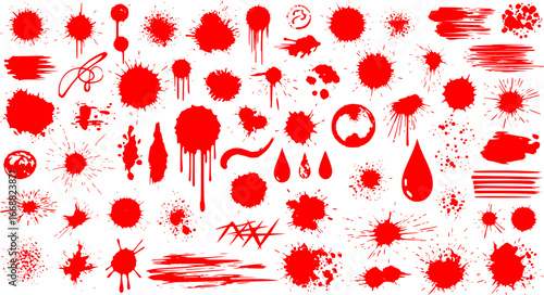 Big set of blots and vector abstract elements. Black inked splatter dirt stain splattered spray splash with drops blots isolated. Ink splashes stencil. Drops blots isolated.