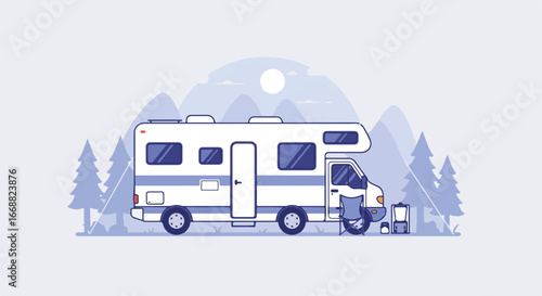 A camper van illustration parked near mountains. The scene captures the essence of a road trip and camping adventure