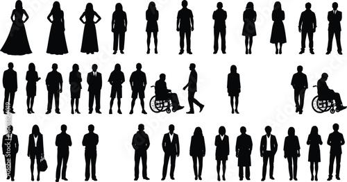 Diverse human silhouettes collection, standing and seated figures, male and female forms, business and casual attire, inclusive people vector illustration set