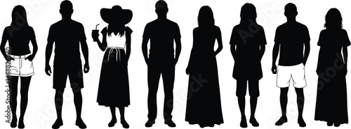 Standing people silhouettes, male and female figures, casual summer clothing vector, black and white human icons, fashion and posture illustration set