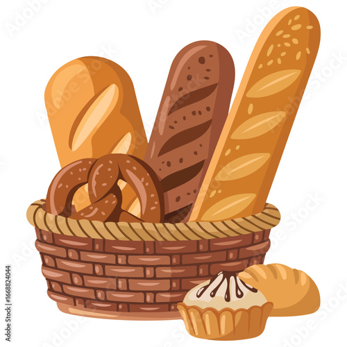 Wicker basket full bread sweet pastry vector composition isolated on white background