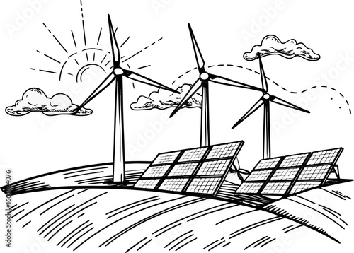 3d wind turbines and solar panels in fields sketch eps