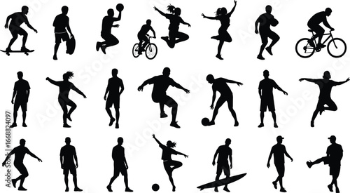 Active people silhouettes set, sports and leisure activities vector, dynamic human poses, athletic movement icons, black and white lifestyle illustration design