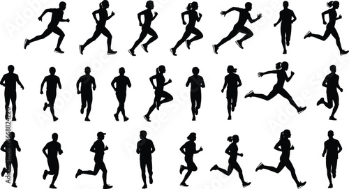 Running silhouettes, male and female joggers, athletic motion poses, sports training vector, dynamic stride illustration, fitness exercise icons, black and white set