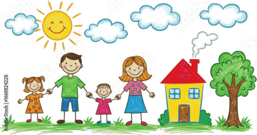 Family children's drawing with colored pencils. hand drawn. Vector illustration
