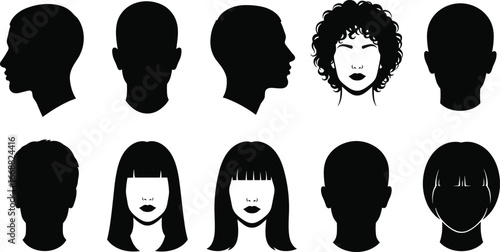 Human head silhouettes, male and female faces, profile and frontal views, various hairstyles, vector illustration, black and white style, minimalist portrait design, stock art