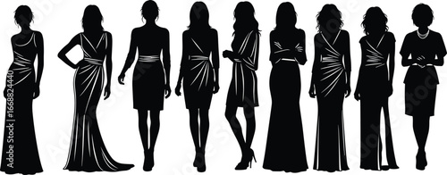 Fashion silhouettes of diverse women, elegant dresses, evening gowns, business attire, casual outfits, vector illustration, black and white style, minimalist clothing design, stock art