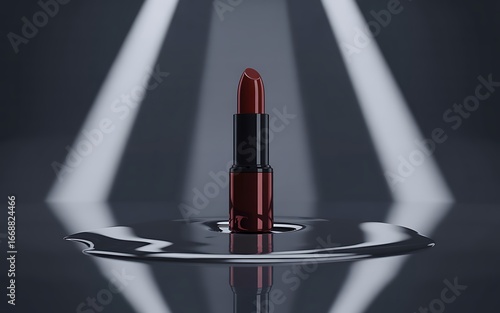 High-Gloss Lipstick Tube in Deep Red on Black Matte Surface with Focused Spotlight