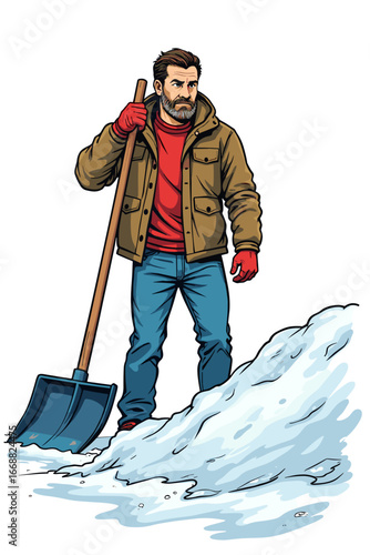 Man shoveling snow with a shovel in winter clothing