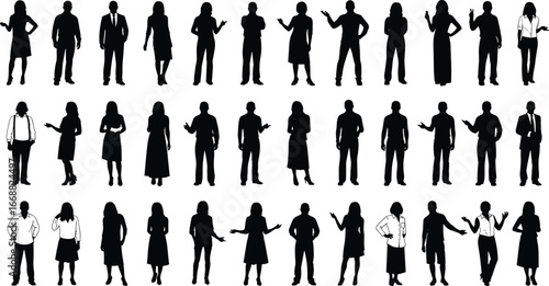 Human silhouettes in multiple poses, casual and professional clothing, expressive stances and gestures, posture and body language study, black vector illustration, design reference