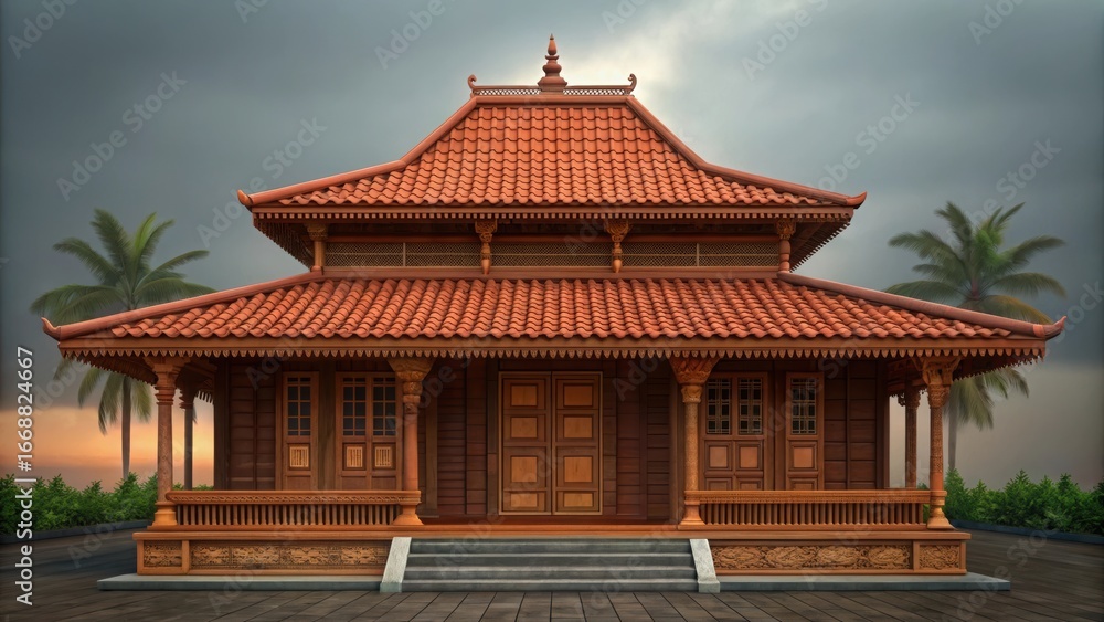 Naklejka premium Traditional Javanese Joglo House Architecture. Dark Wood Joglo with Terracotta Tiles and Palm Trees. Serene Javanese House Under Dramatic Sky.