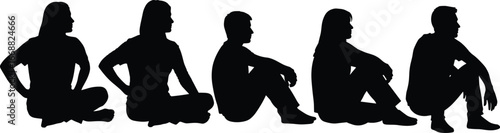 Silhouettes of people sitting on the ground, relaxed postures and casual poses, body language study, design reference vector set, human figure illustration
