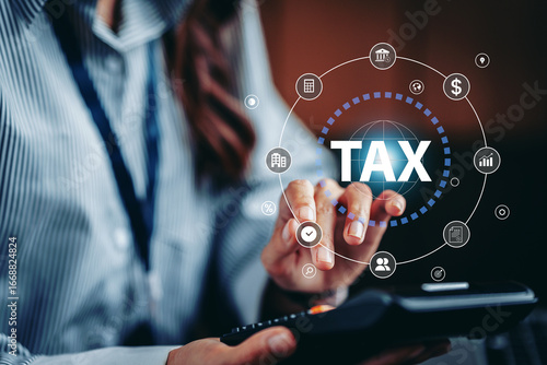 Calculation tax return and VAT concept, woman using calculator for calculates fill out personal income to pay taxes return form online for tax payment, interest rate with tax and percentage