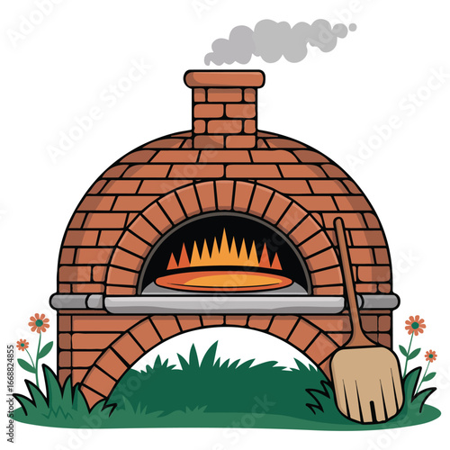 Woodfired outdoor oven green lawn farm stone furnace isolated vector illustration on white background