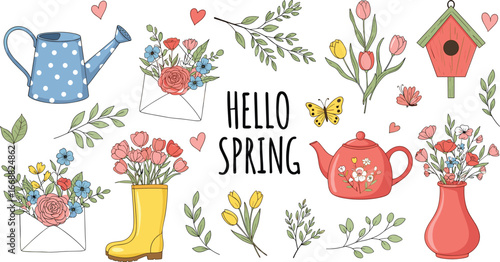 Spring season vector illustration with flowers, watering can, birdhouse, butterfly, and decorative elements around Hello Spring text in bright cheerful colors