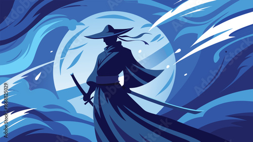 A samurai depicted in a painting, adorned with a hat and wielding a sword, representing Japanese martial culture..eps