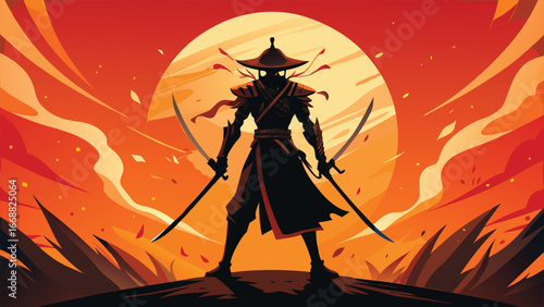 An artistic portrayal of a samurai, complete with a hat and sword, embodying the essence of Japanese warrior heritage..eps