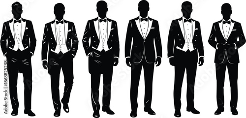 White tie formalwear silhouettes, male evening dress code, tailcoat and bow tie vector, black and white fashion icon, elegant menswear illustration set