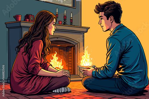 Couple sitting by the fireplace enjoying warm moments together