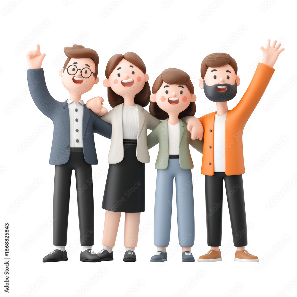 Fototapeta premium Cheerful Group of Coworkers Celebrating with Joyful Expressions in 3D Pastel Glossy Style