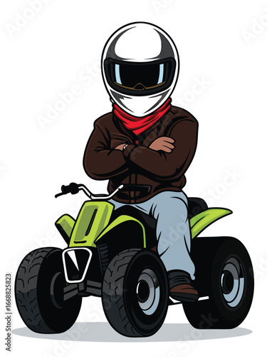 ATV Rider with Crossed Arms Cartoon Illustration Stylish Biker in Helmet and Brown Jacket on Quad Bike Adventure