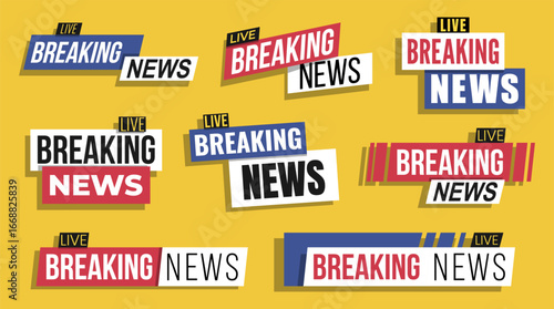 Flat design set of breaking news labels with LIVE tags, bold typography, and contrasting colors on a yellow background. Suitable for news alerts, video content, and digital media interfaces.