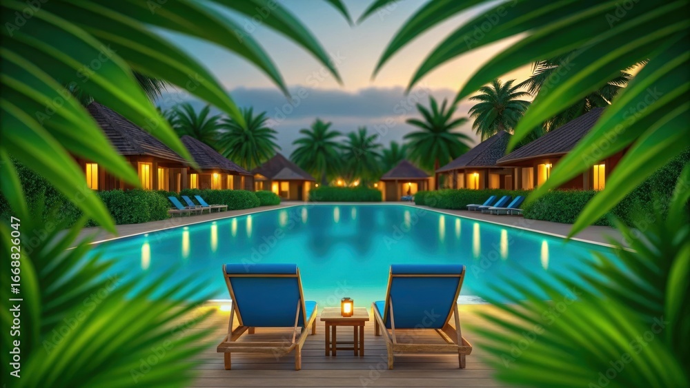 Fototapeta premium Tropical Resort at Dusk through Heart-Shaped Palms. Twilight Swimming Pool with Glowing Lantern Lights. Romantic Poolside Lounge Chairs at Resort.