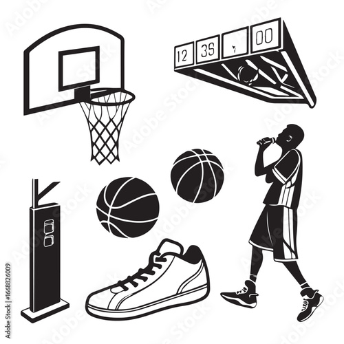 Illustration of basketball elements isolated on white background, a popular sport