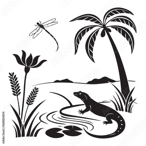 Ancient egyptian nile river scene with crocodile and lotus flower