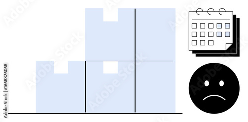 Stacked boxes represent delayed shipments aligning with a calendar and sad face, conveying logistics challenges. Ideal for supply chain, shipping, planning, time management, deadlines, inventory