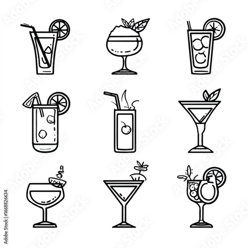 Elegant Cocktail Illustrations Set in Line Art Style with Refreshing Garnishes and Drink Elements Collection