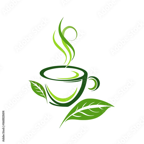 green cup of coffee and a green leaf on with white background