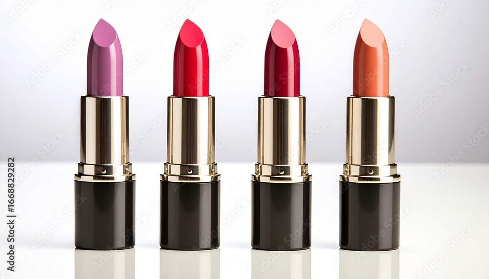 A Row of Four Lipsticks in Various Colors on white background A Row of Four Lipsticks in Various Colors on white background
